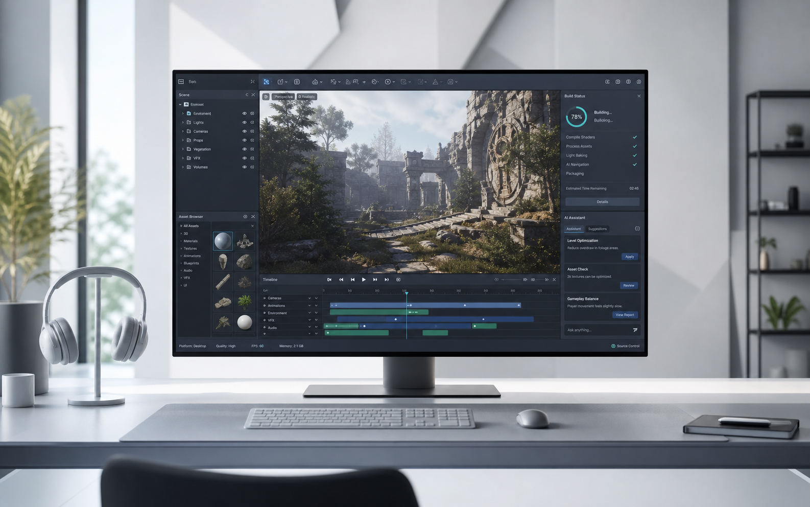 A polished game production interface with editor viewport, timeline, build status, and AI-assisted workflow panels.